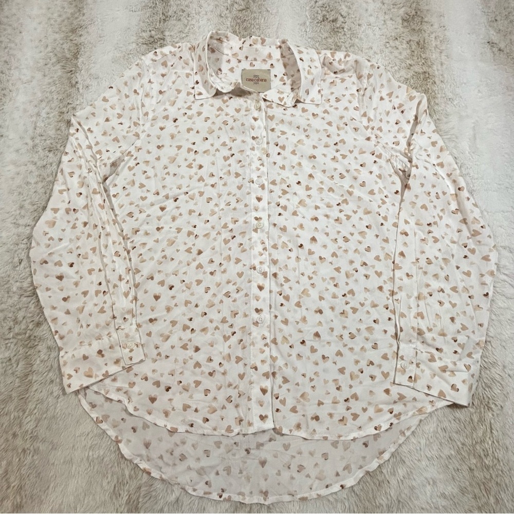 Casa Cabana White Heart Print Button Down Shirt Women’s Large
